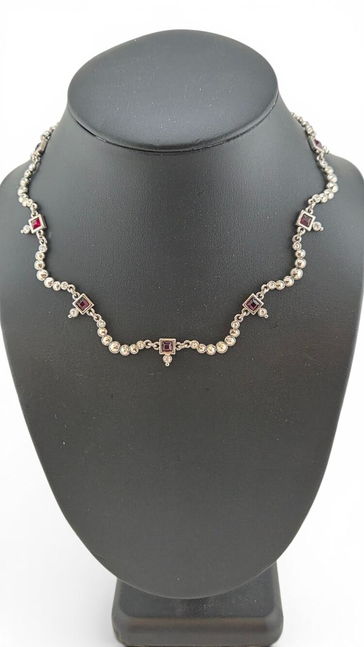 Vintage Avon N.R. Marcasite Rhinestone Necklace Red Crystal Adjustable